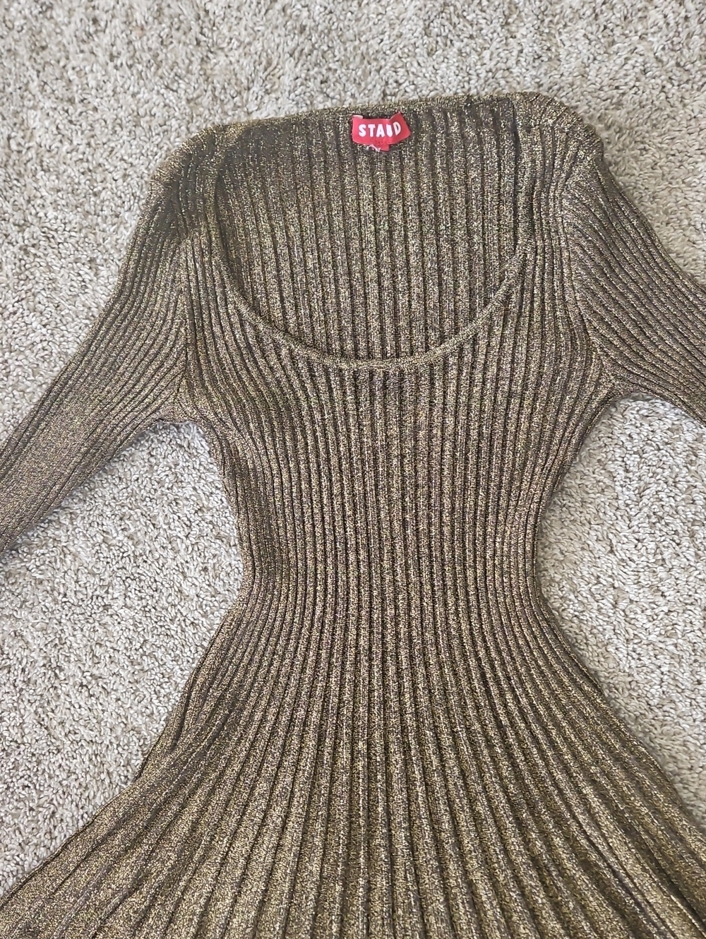 STAUD Gold Metallic Ribbed Long-Sleeve Fit-and-Flare Mini Dress L - Picture 4 of 11